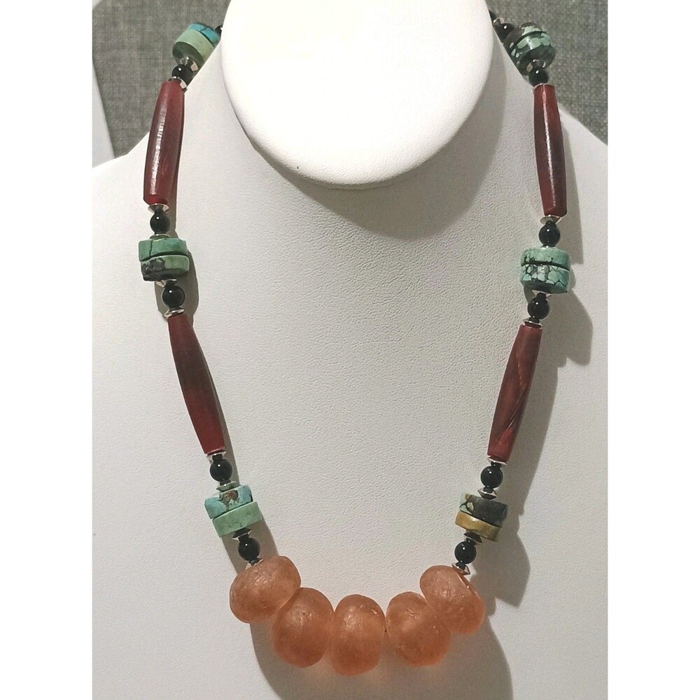 Sea Glass Turquoise Sterling Silver Chunky Beaded Vintage Statement Necklace